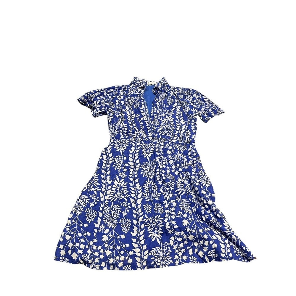 MNG Blue Button Up Short Sleeve Dress With Leaf Pattern Womens Size 4